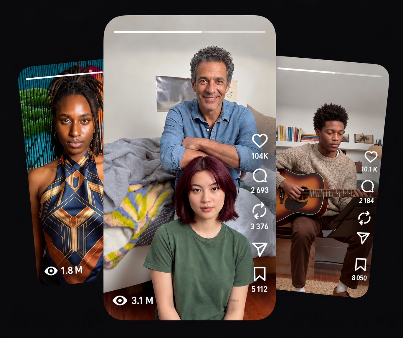 Three vertical videos side by side, each with its engagement counters